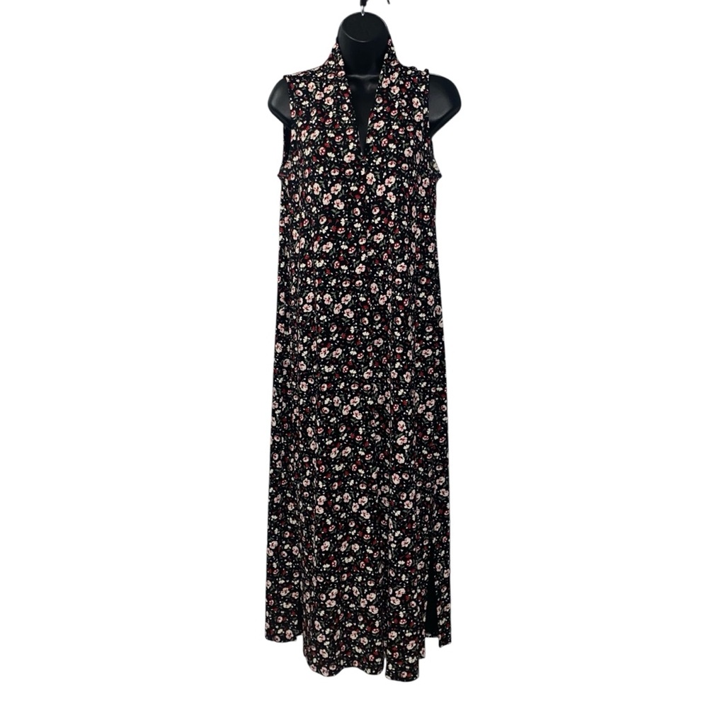 J.Jill Wearever Sleeveless Midi Dress Black w/Red Pink Mauve Sage Floral Size S